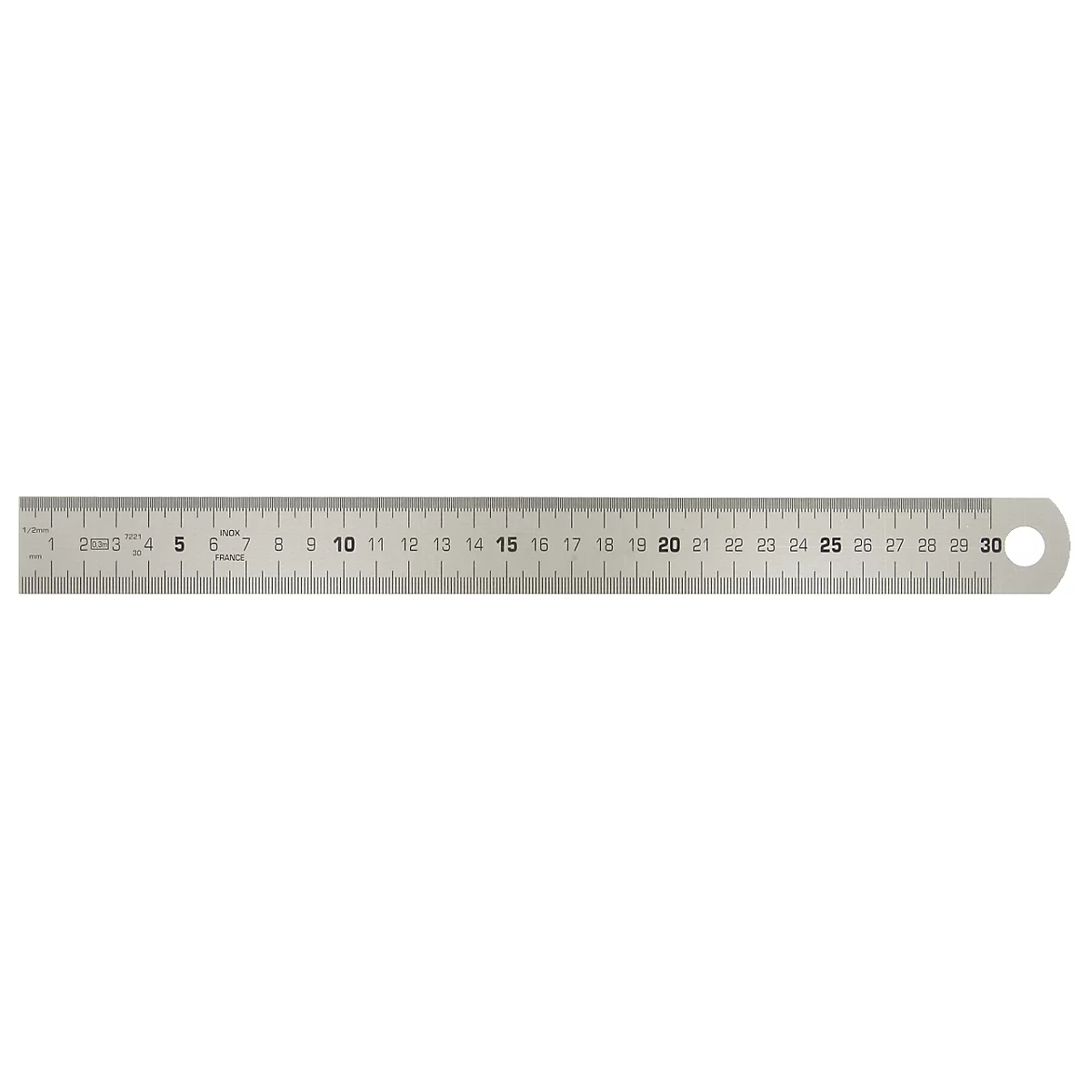 Ein silbernes Lineal mit eingravierten Zahlen und einer Lochung am Ende.